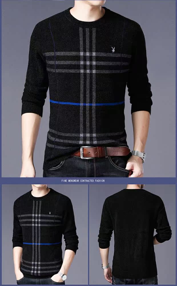 Áo len mùa đông nam trung niên cổ tròn sọc đan đan đáy áo mùa thu và áo len nam mùa đông cashmere áo len dày nam áo phao nam hàng hiệu