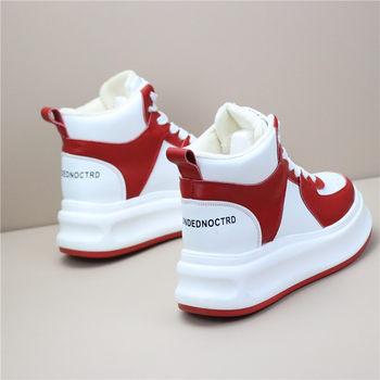 High-Top Fleece-Lined Height-Increasing 8cm White Sneakers for Women, 2024 Autumn and Winter Versatile Inner Height-Increasing Cotton Shoes, Lightweight Trendy Shoes for Women