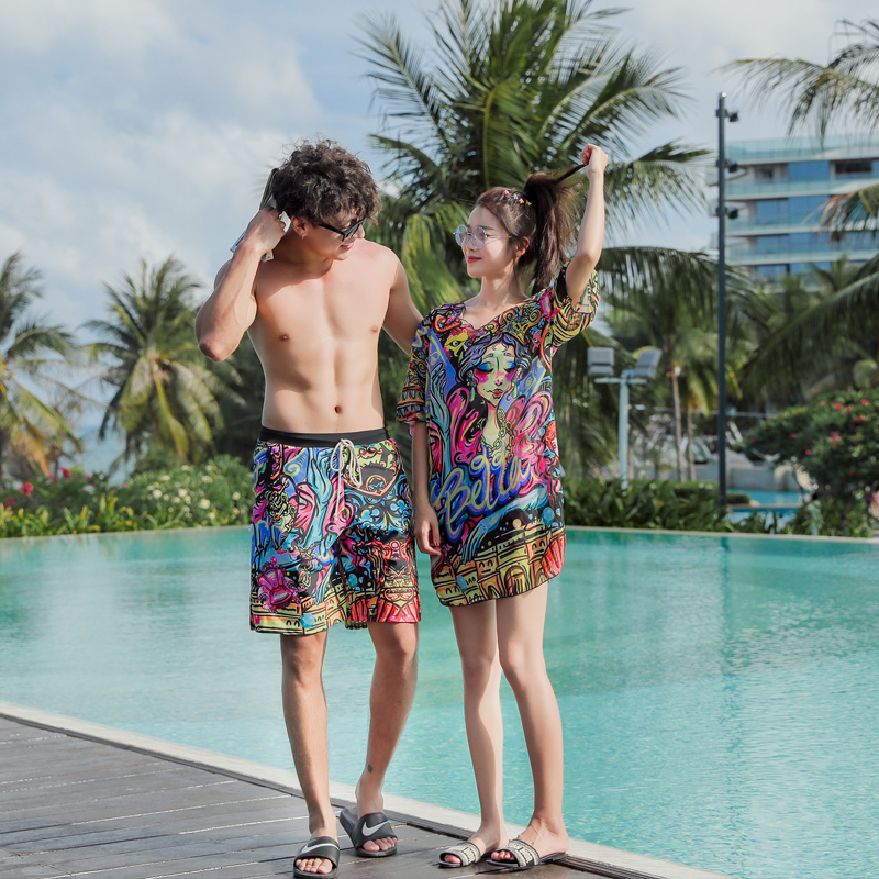 Couple's sexy big size two-piece bikini three-piece female swimsuit spa men's beach pants spa swimsuit