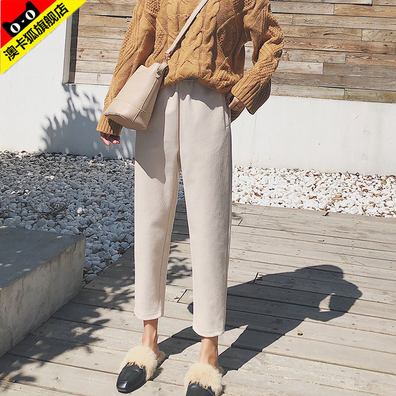 2018秋冬毛呢萝卜裤女宽松香蕉休闲裤子高腰