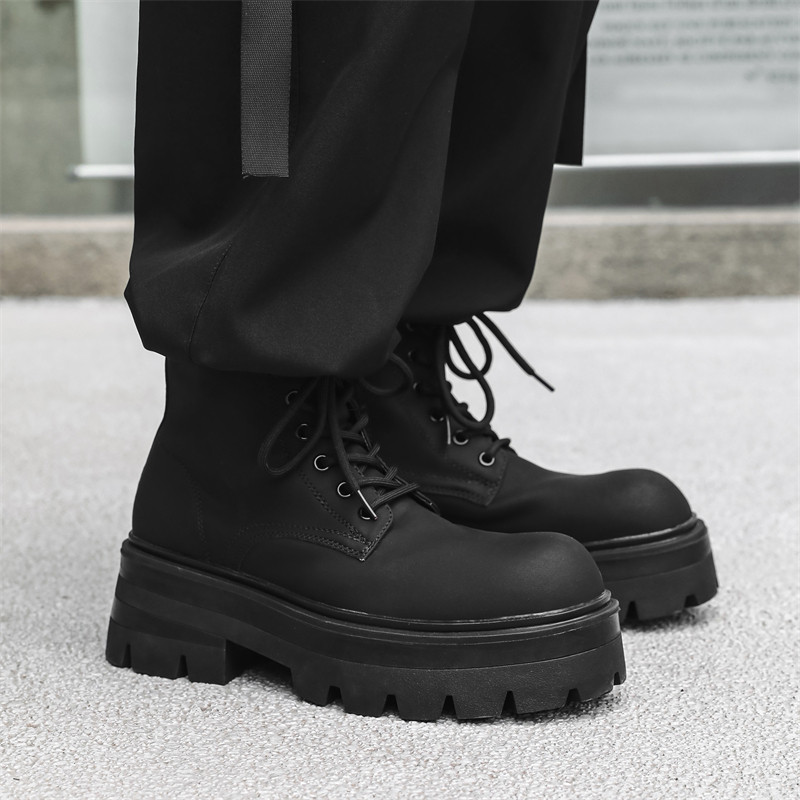 Mikke 2025 Autumn/Winter New Men's Martin Boots British Style High-Top Chunky Shoes with Fleece Lining Black Motorcycle Work Boots