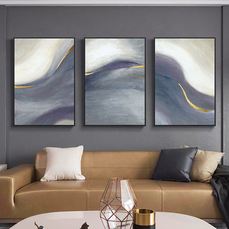 Light Extravaganza Living-room Real Gold Leaf Decoration Painting Modern Minimalist Sofa Background Wall Triple Hang Painting into the Mural of the family