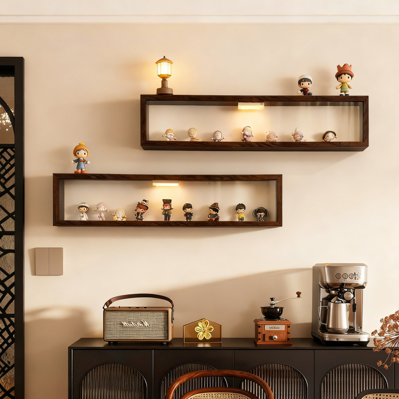No-Drill Vintage-Style Wall Shelf for Small Model Blind Box Display, Living Room Display Rack with Dust-Proof Storage Layer