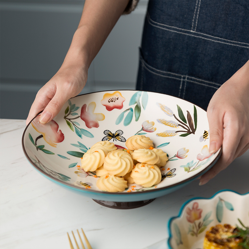 Ceramic bowl under the glaze color ChunYun household tableware tea dessert to use creative high fruit bowl of salad bowl lace