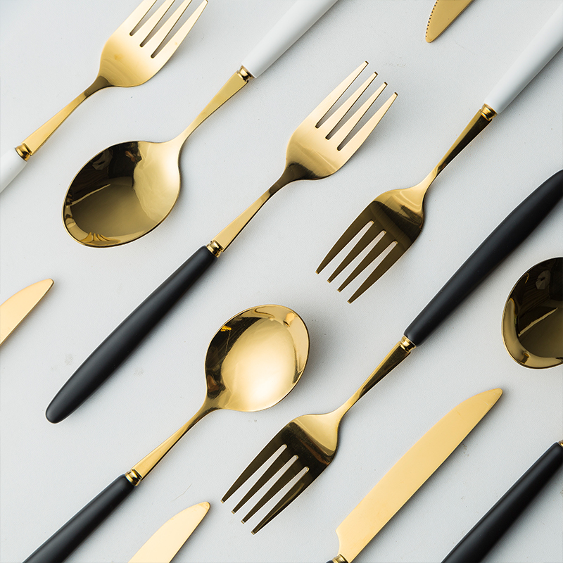 Steak knife and fork suit household spoon creative ceramic simple black and white and a knife and fork spoon handle western - style food tableware northern Europe