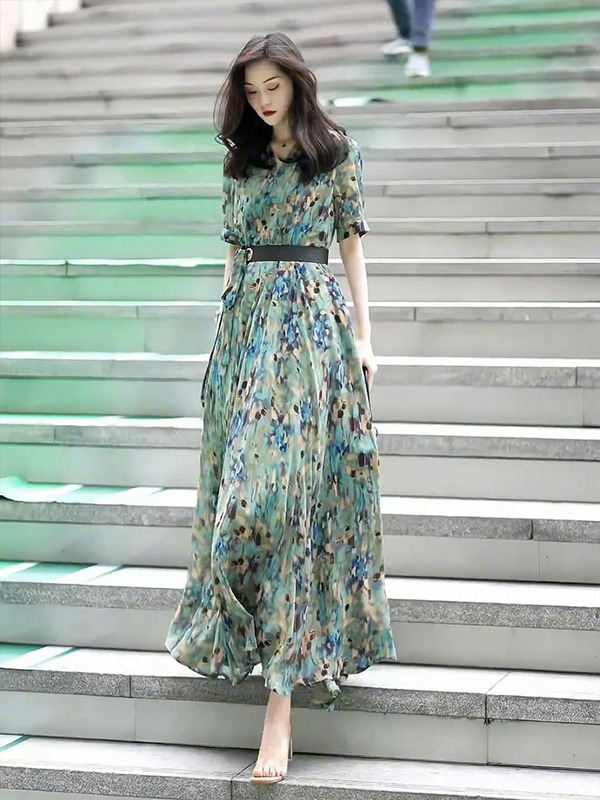 Special Clearance Sale: Original Export Surplus Waist-Cinching Dress, Summer High-End Socialite Style, Seaside Floral Long Dress for Women