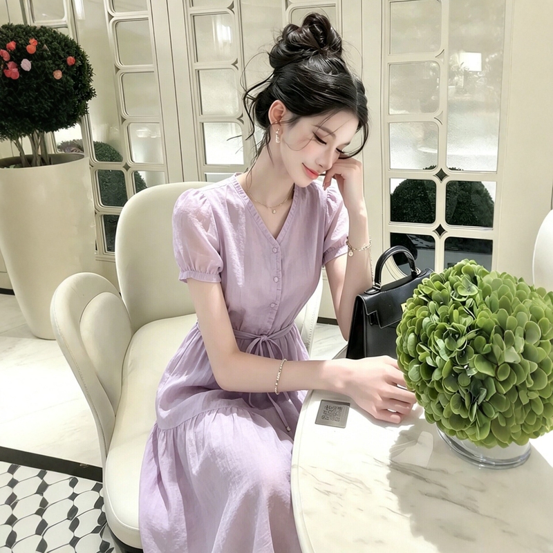 Elegant and Graceful Purple Tencel Dress for Women, Summer 2026, Very Pretty, Petite, with a Flattering Waist and A-Line Silhouette