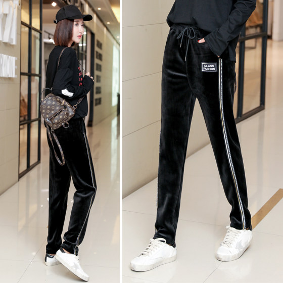 Gold velvet sports pants women's 2023 autumn and winter new Korean version of high waist slimming plus velvet thickened loose casual long sweatpants