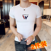 Summer short-sleeved mens T-shirt Korean slim half-sleeve T-shirt tight cotton white printed mens top tide