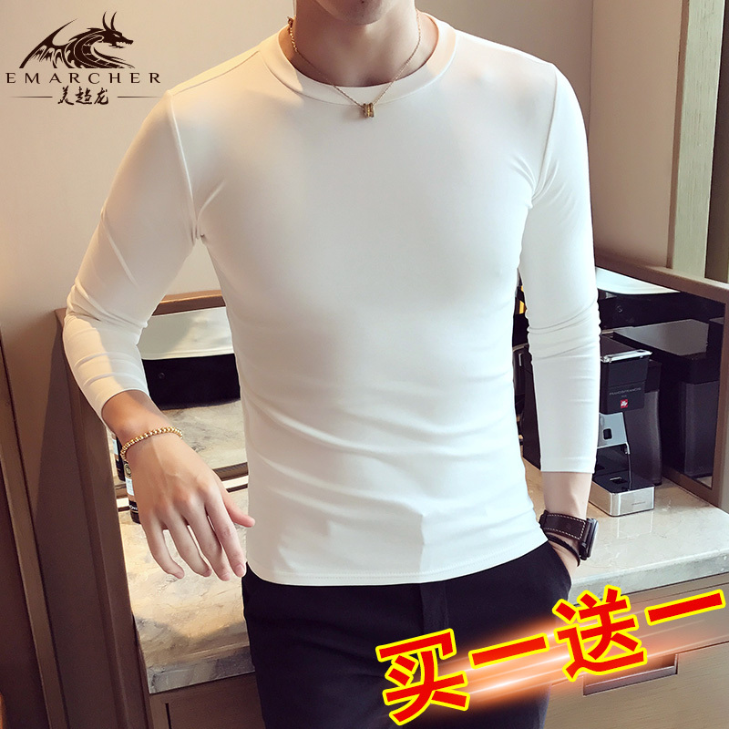 Men's Long-Sleeved Round-Neck T-Shirt, Korean Style, Slim Fit, Pure Cotton, Tight-Fitting Base Layer, Fleece-Lined, Black and White, Autumn and Winter