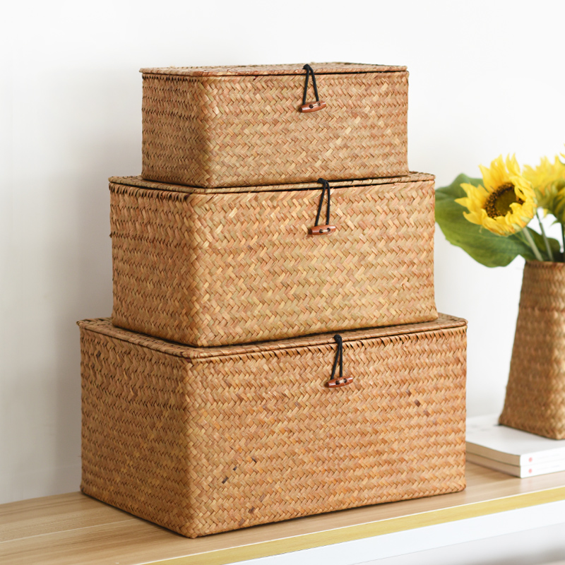 Craftsmanship with cover bamboo woven storage box bamboo box vintage tabletop rattan storage bamboo box straw basket