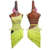 New Latin dance competition suit fluorescent yellow diagonal shoulder fringe dance dress just denim performance dress female flash Diamond rumba