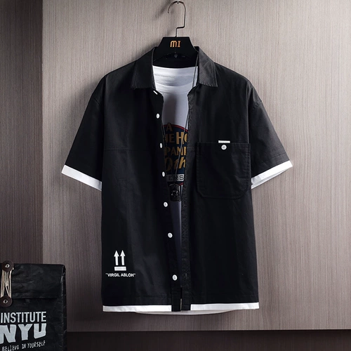 Летняя черная трендовая рубашка для отдыха для школьников и студентов, в корейском стиле, оверсайз