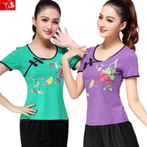 2019 Summer Square Dance Short Sleeve Blouse Blouse Womens New Middle Aged Jump Dance Wear Modale Adult Gig Costume