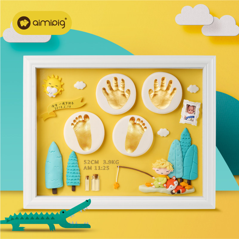 Baby hand and foot print clay hand print footprint photo frame newborn baby painting gift full moon 100 days old fetal hair souvenir