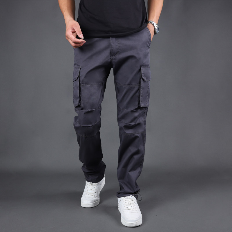 Men's autumn and winter casual pants thick straight loose large size multi-pocket overalls solid color trend outdoor sports trousers