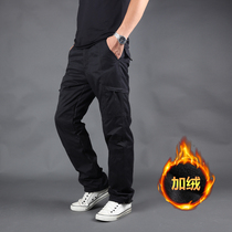Winter plus velvet padded loose straight tube multi-pocket overalls mens large size sports cotton pants warm casual pants tide