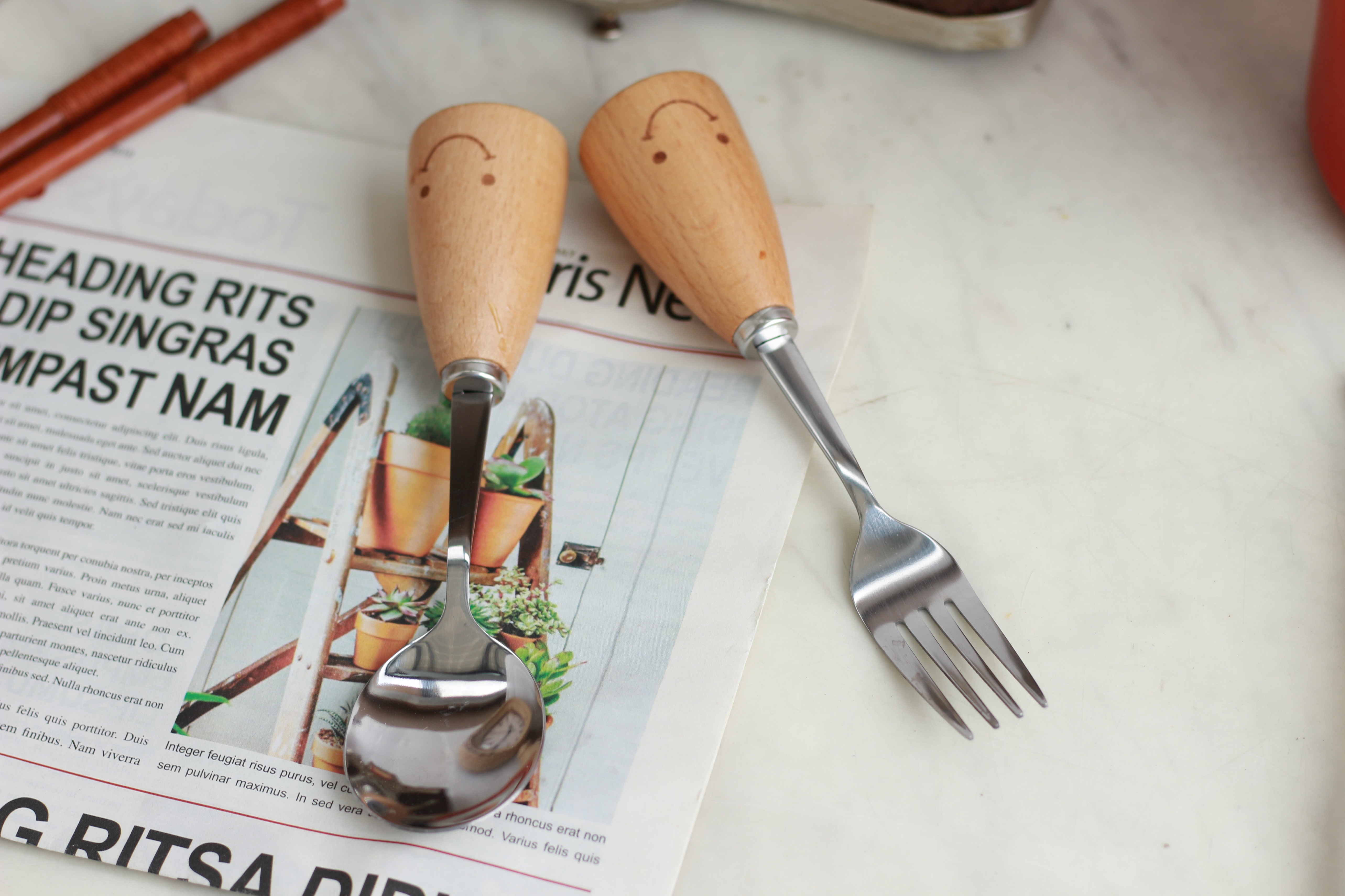 Smiley face spoon fork wooden handle stainless steel tableware baking tool ins wind cute children cartoon