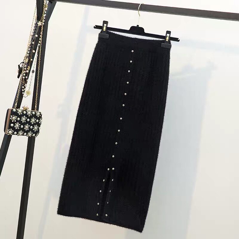 水貂绒针织半身裙秋冬加厚高腰中长款气质显瘦黑色性感开叉包臀裙