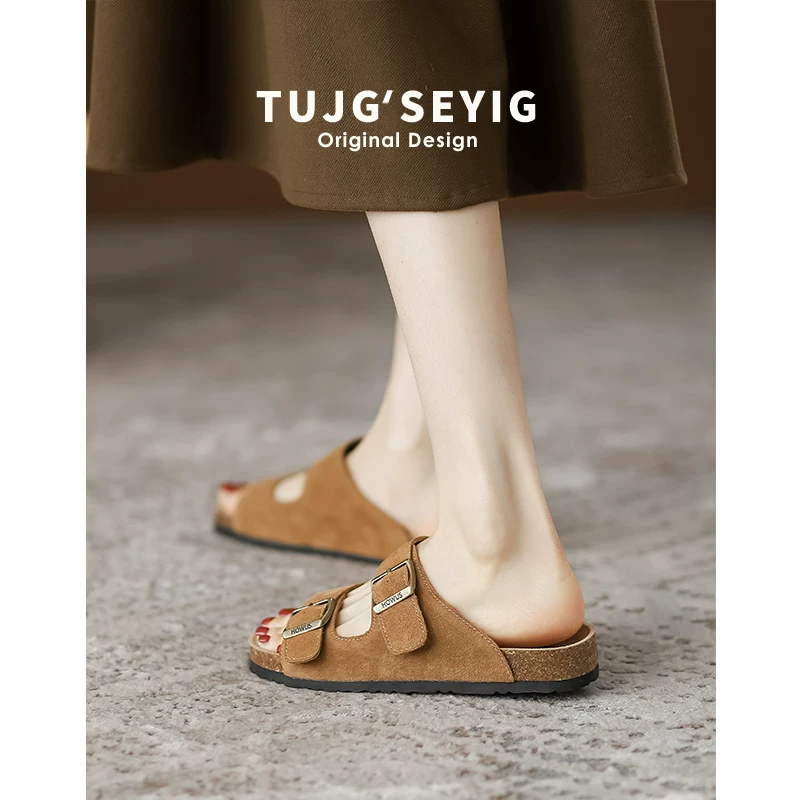 Сандалии Birkenstock из натуральной кожи для женщин, летняя верхняя одежда, с толстой подошвой, рыбацкие Birkenstock, полупрезентационные тапочки, плоские, большого размера, женские сандалии 41–43