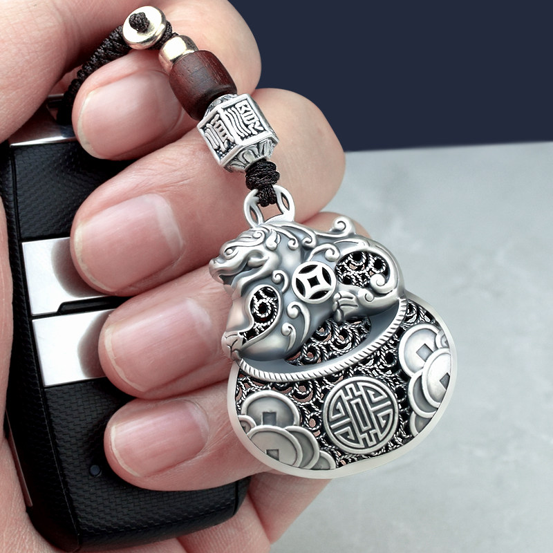 Pure silver Merchants fortune Fortune Bag Key Buttoned Pendant Men Personality Creative High-end Hand-woven Car Key Hangings-Taobao
