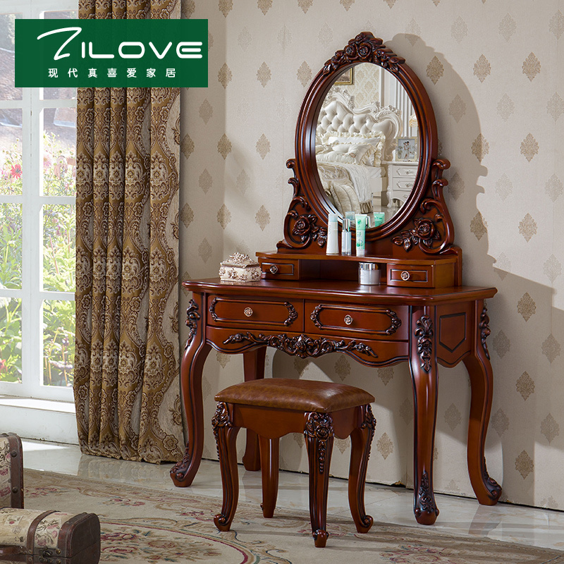 European-Style Vintage Dressing Table, American-Style Dressing Table, Luxurious Bedroom Dressing Table, Classical Wood Grain Dressing Table, Pastoral Mahogany Color European-Style Vintage Dressing Table, American-Style Dressing Table, Luxurious Bedroom Dressing Table, Classical Wood Grain Dressing Table, Pastoral Mahogany Color