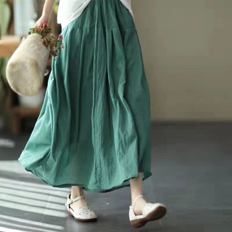 Summer New Style Artistic Double-Layer Cotton and Linen Skirt for Women, Elegant Flared Skirt, Linen Solid Color Flowing Long Skirt