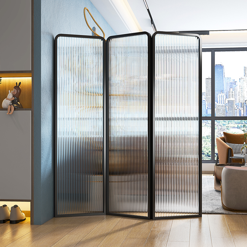 Simple Changhong Glass Entrance Screen, Foldable and Movable, No Drilling Required, Iron Art Stainless Steel Office Partition for Living Room
