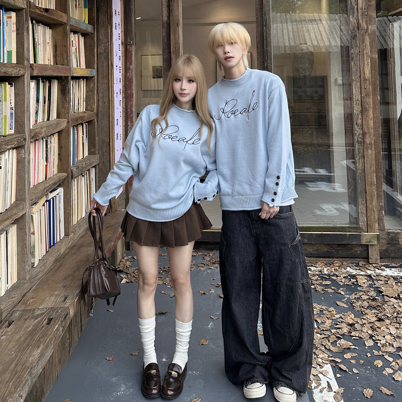 Casual Style High-Neck Rolled-Edge Embroidered Sweater for Men and Women, Couple Wear, 2026 Autumn Loose Versatile Knit Top