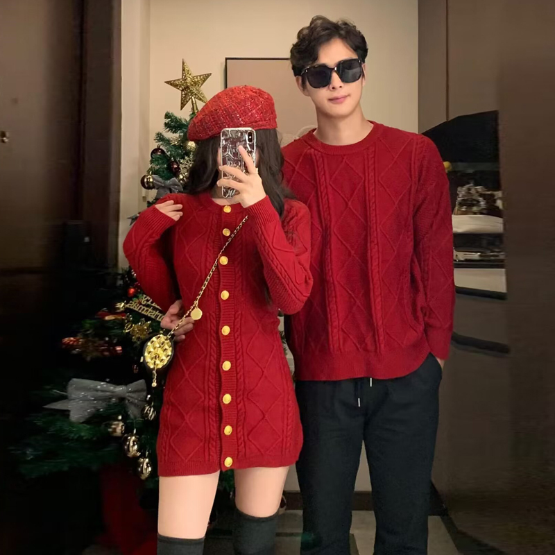 Red Sweater Couple Outfit for New Year, Engagement, Men and Women, Autumn and Winter Knitwear Dress, One Skirt One Shirt