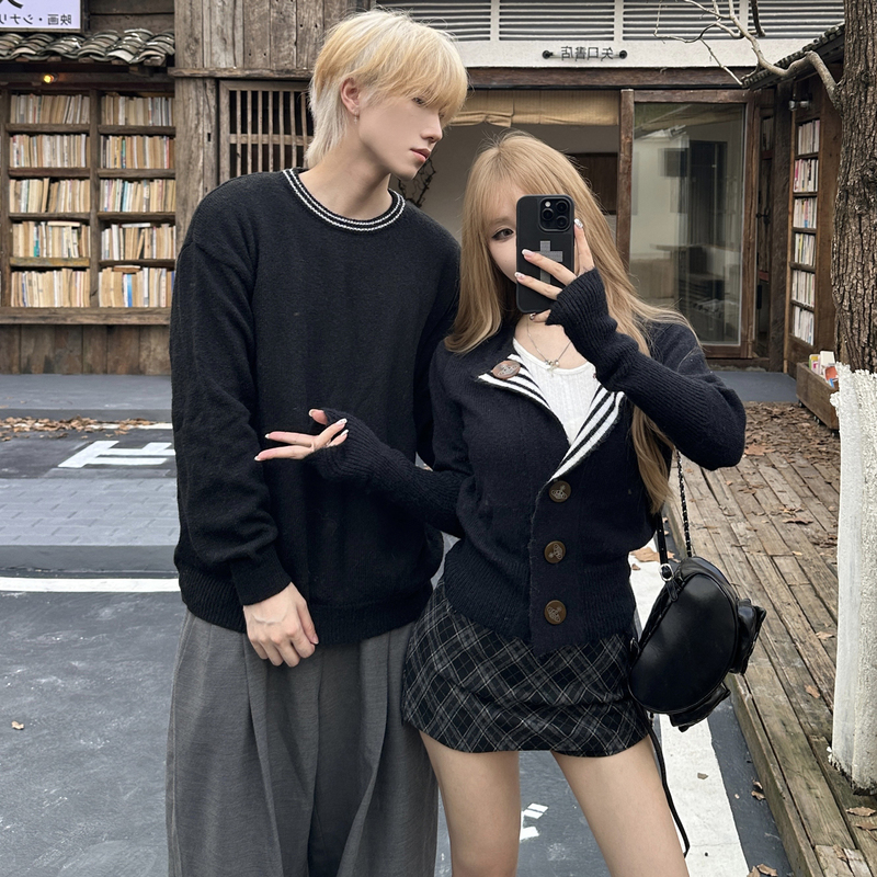 Korean-Style College Navy Collar Striped Knit Cardigan for Men and Women, Couple Wear, 2026 Autumn Slimming Sweater Jacket Trendy