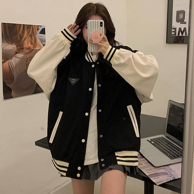 美式复古棒球服外套女春秋季2023新款学生宽松休闲两面穿夹克上衣