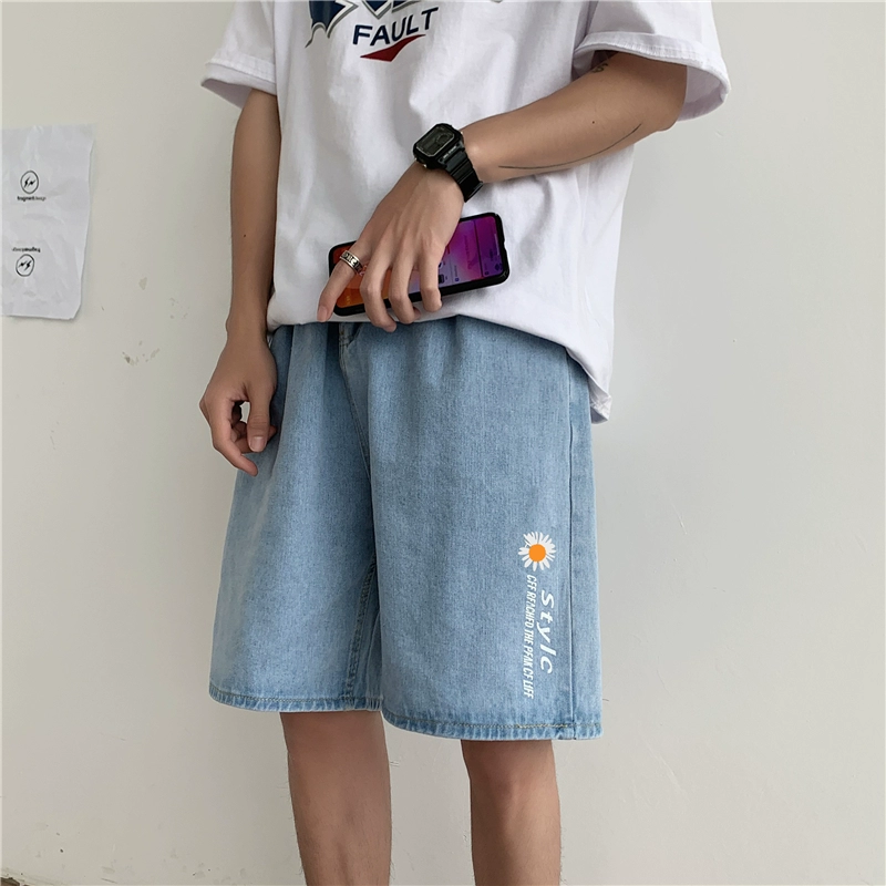 Thời trang quần short denim daisy nhỏ Phiên bản Hàn Quốc của xu hướng quần năm điểm nam thương hiệu quần lửng ống quần thẳng - Quần jean