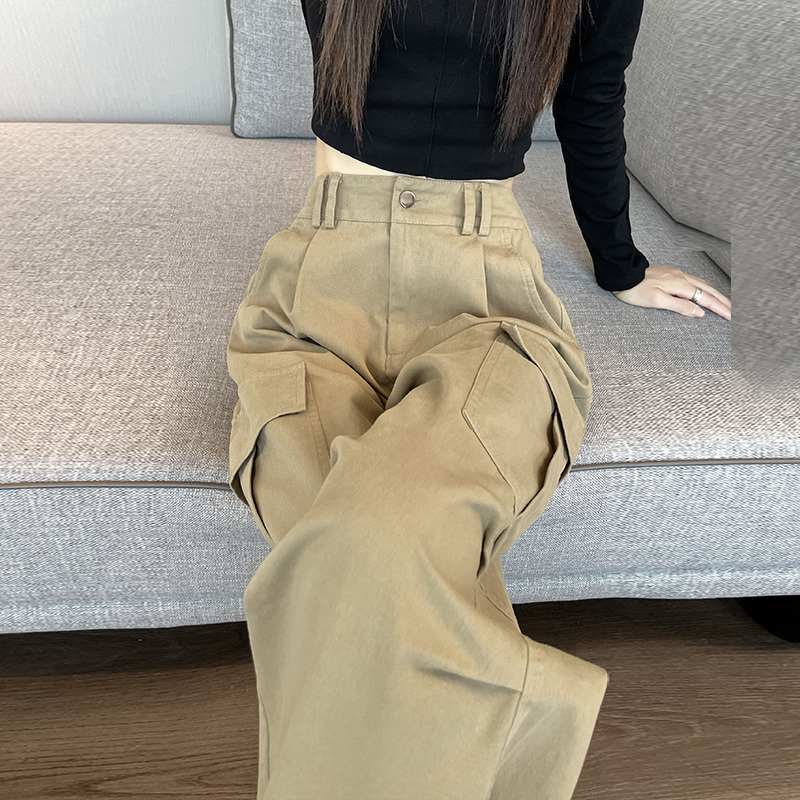 Khaki Cargo Pants for Women, Spring and Autumn 2026 New Style, American High-Waisted, Loose, Slimming, Casual, Narrow Straight-Leg Wide-Leg Pants