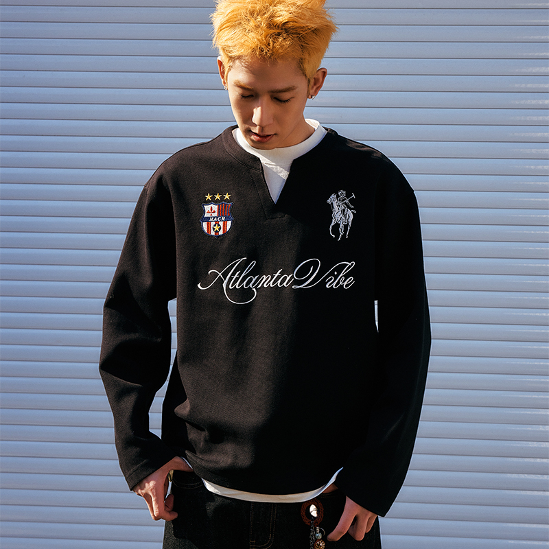 Hacr丨Harshandcruel·Layered Fake Two-Piece Badge Embroidered Henry Collar Long-Sleeve T-Shirt, Chinese Trendy Brand Hacr丨Harshandcruel·Layered Fake Two-Piece Badge Embroidered Henry Collar Long-Sleeve T-Shirt, Chinese Trendy Brand