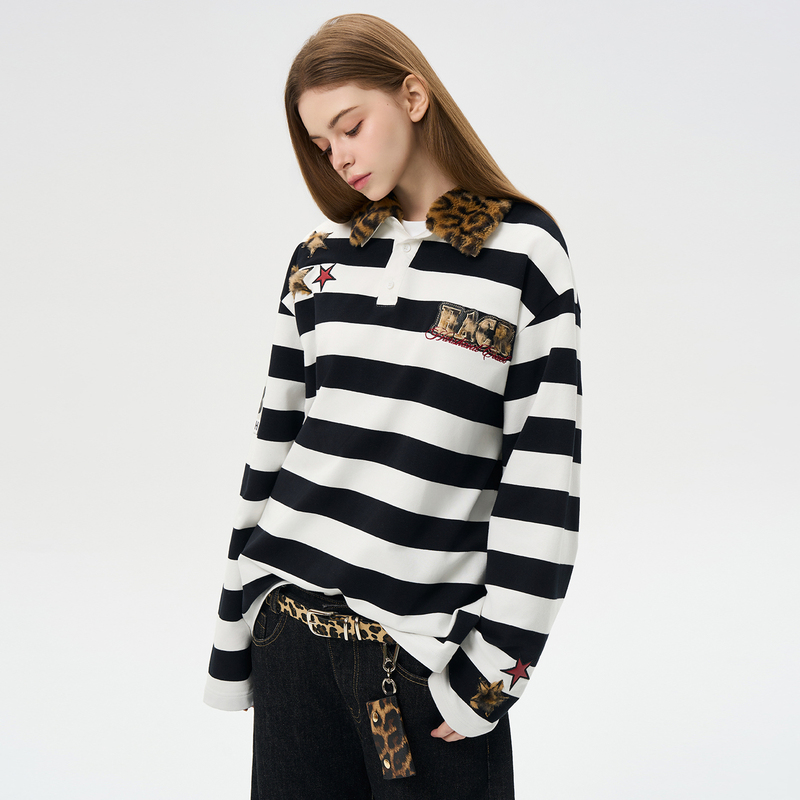 Hacr Seagull Collar Striped Polo Detachable Leopard Print Patchwork Embroidered Long-Sleeve Cortis Trendy Brand T-Shirt for Men and Women