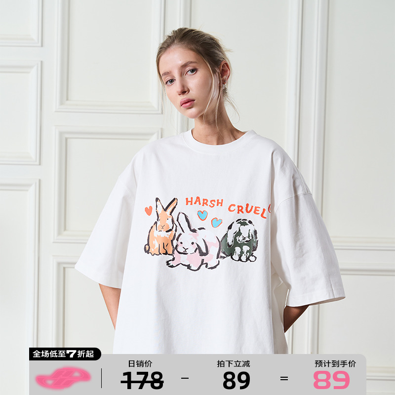 harsh and Cruel hand-drawn cute cartoon graffiti rabbit printed pure cotton knitted short sleeve T-shirt couple