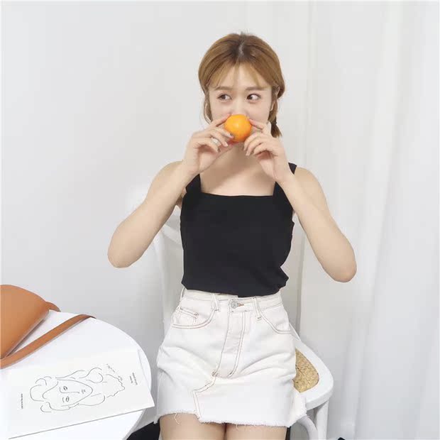 Mùa hè 2018 từ cổ vuông vuông áo yếm dày nữ rộng đeo vai đeo hoa hậu em gái ulzzang bên trong máy tim áo cổ đổ