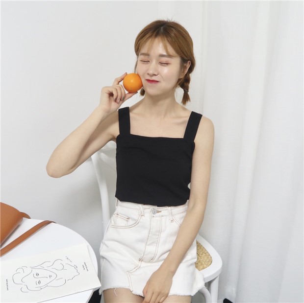 Mùa hè 2018 từ cổ vuông vuông áo yếm dày nữ rộng đeo vai đeo hoa hậu em gái ulzzang bên trong máy tim áo cổ đổ