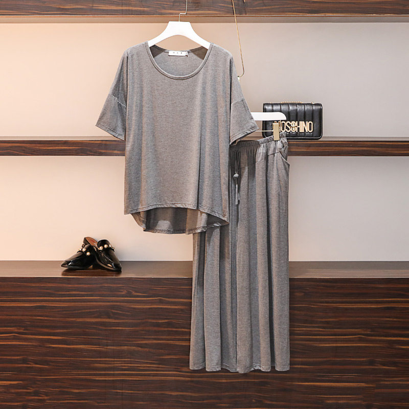 Pajamas women's summer short-sleeved trousers wide-leg pants suit modal cotton large size fat MM home clothes loose plus fat