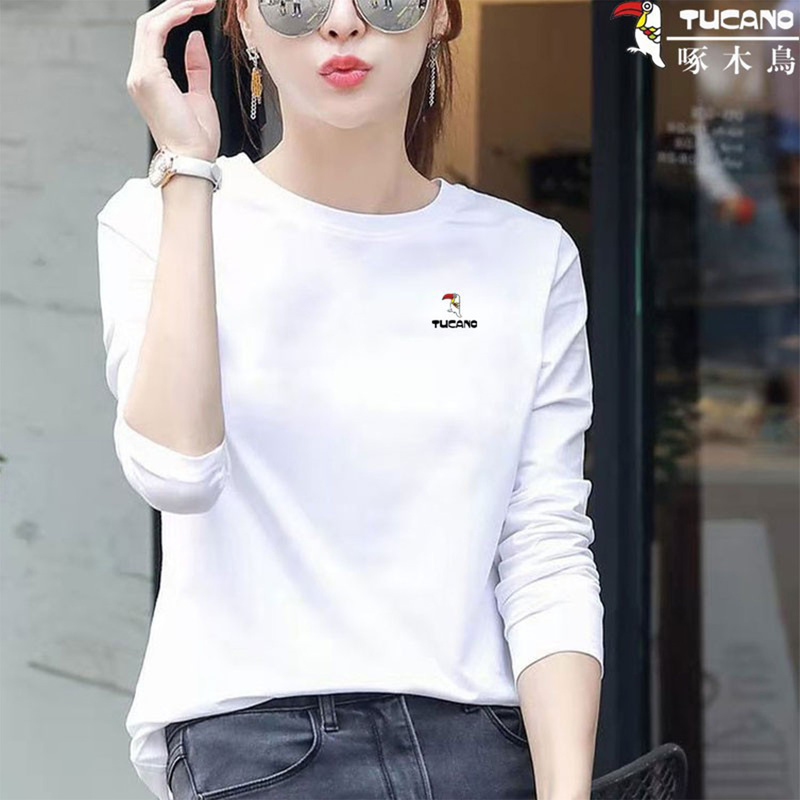 Woodpecker Brand Pure Cotton White Long-Sleeved T-Shirt for Women 2026 Spring and Autumn New Round Neck Versatile t Solid Color Base Shirt