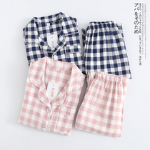 Day Department Summer Pure Cotton Cotton Cloth Pajamas Woman Lovers Plaid Long Sleeve Loose thin section Male Family clothes Spring and autumn All cotton summer