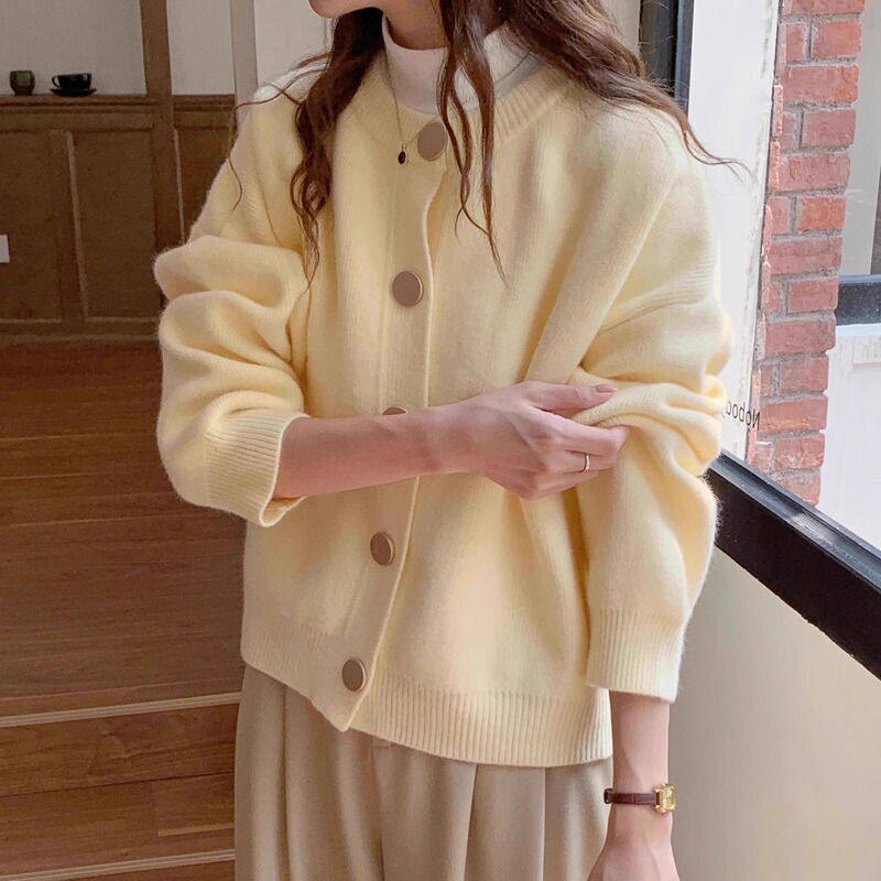 Creamy Yellow Autumn and Winter New Korean Style Loose and Lazy Style Round Neck Single-Breasted Knitted Cardigan Women's Sweater Jacket Top