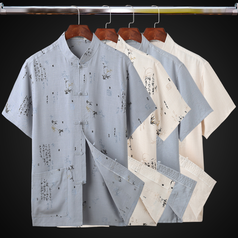 Summer Tang dress men cotton and linen short-sleeved top Chinese style Dad shirt Elderly clothes Grandpa Hanfu short-sleeved shirt