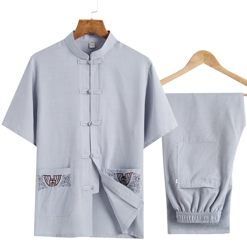 Cũ Tang ăn mặc cao cấp cha gió Trung Quốc mỏng vải bông bộ mùa hè grandpa mùa hè quần áo ngắn tay trung niên nam