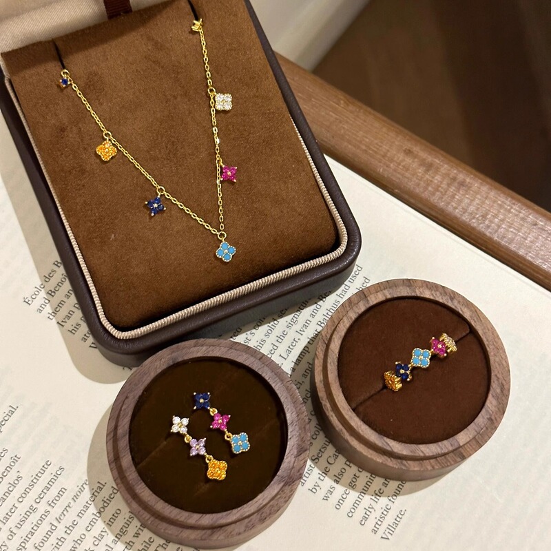 Only Making S925 Sterling Silver! Rainbow Four-Leaf Flower Ring, Bracelet, Necklace, Earring Set, Dopamine Colorful Four-Leaf Clover