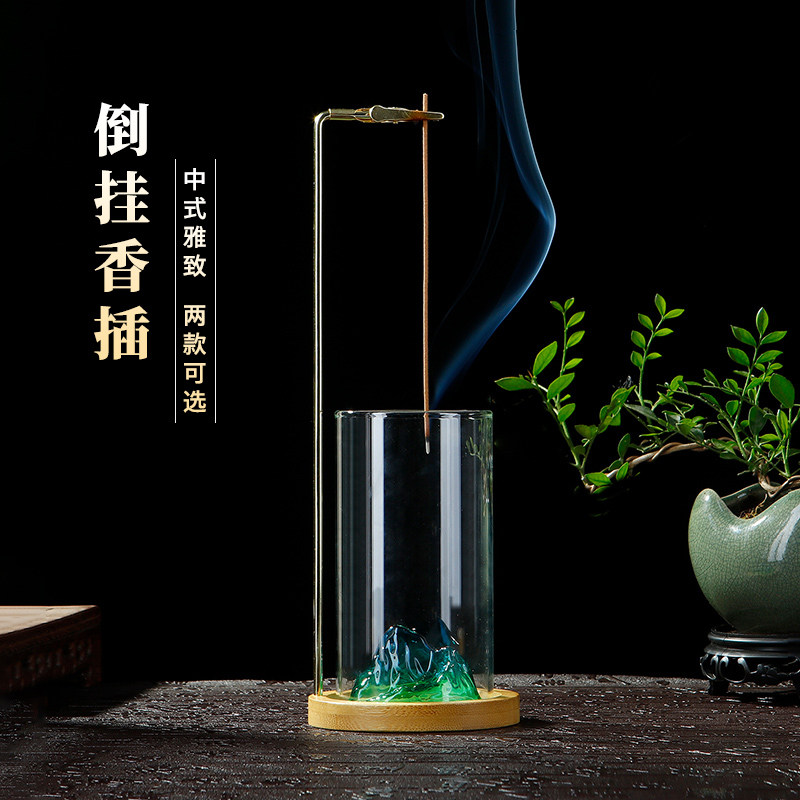 倒挂香插中国风金属香夹竹木玻璃假山香座防飞灰薰香炉立式线香插评价