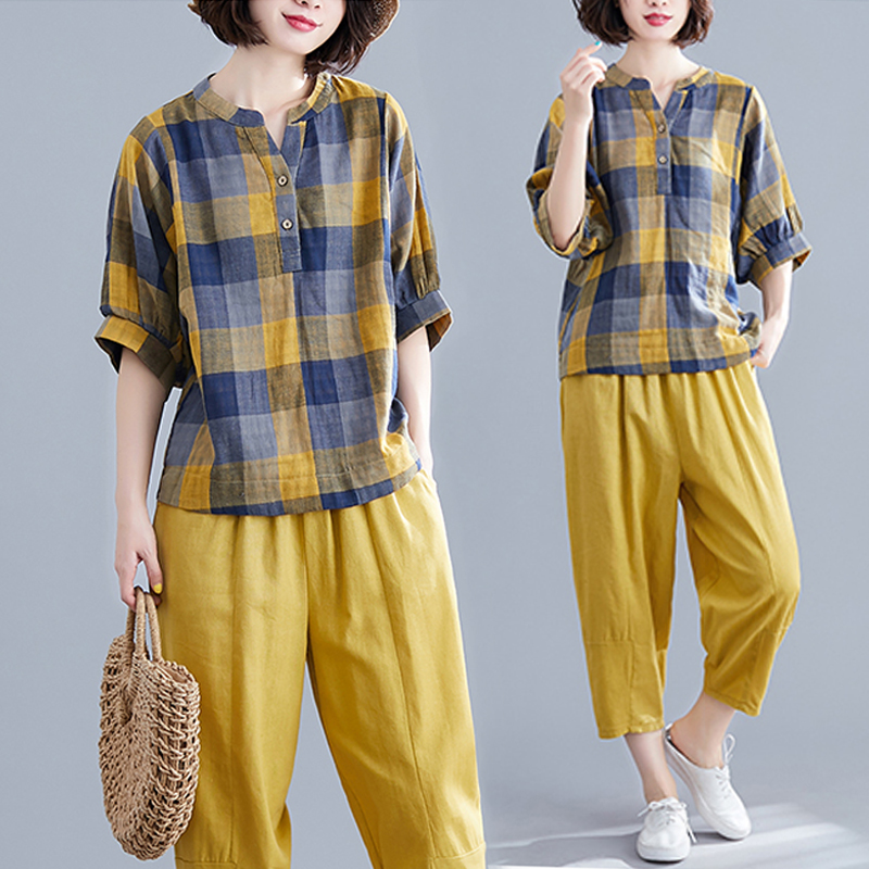 Large size women's summer cotton and linen casual suit women's linen 2021 new fat sister fashion nine-point pants two-piece set