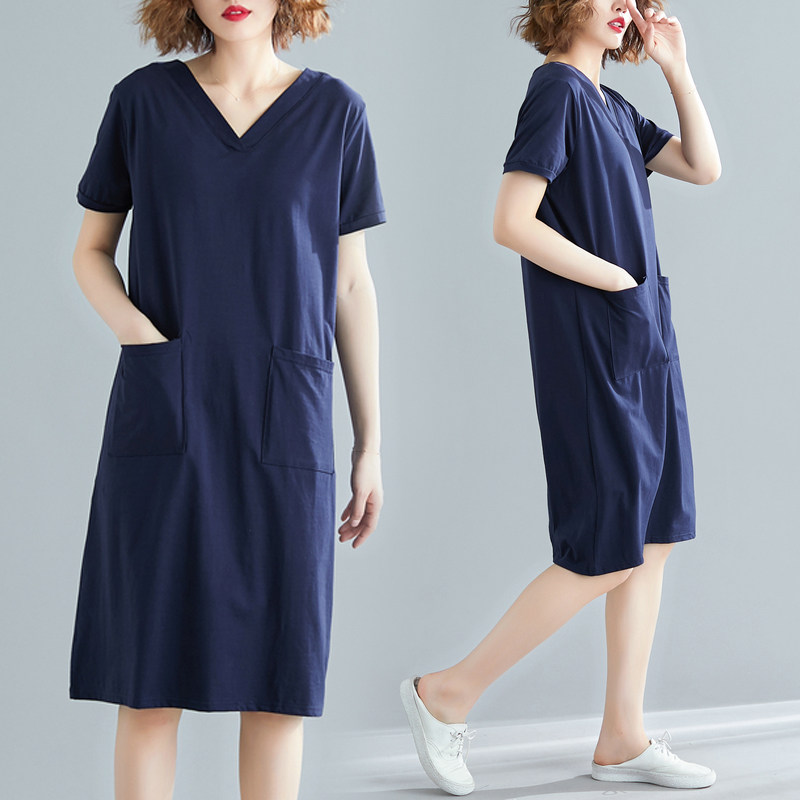 Large size women's fat mm loose cover belly show skinny dress summer middle age mom summer casual t-shirt skirt