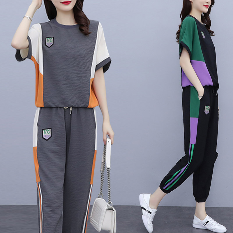 Large size women's clothing 2021 summer new trend casual fashion suit Female fat sister age reduction thin sports two-piece set